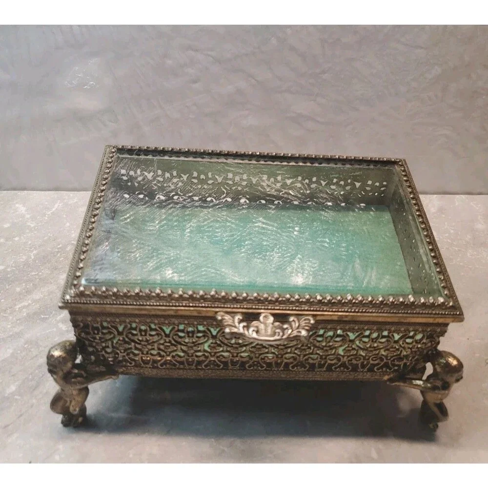 Antique Ormolu Gold Filigree Jewelry Casket Box Beveled Glass Velvet Cherub